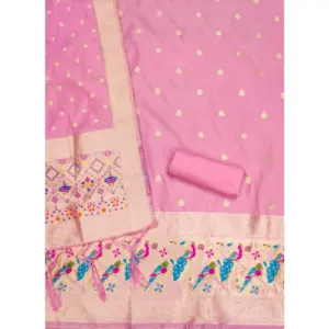 Generic Women's Banarasi Silk Printed Unstitched Salwar Suit Material With Dupatta (Light Pink, 3Mtrs)