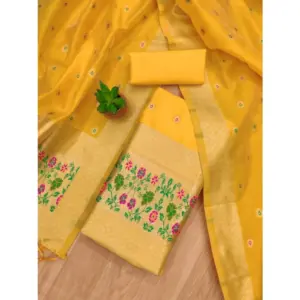 Generic Women's Banarasi Silk Printed Unstitched Salwar Suit Material With Dupatta (Yellow, 3Mtrs)