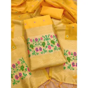 Generic Women's Banarasi Silk Printed Unstitched Salwar Suit Material With Dupatta (Yellow, 3Mtrs)