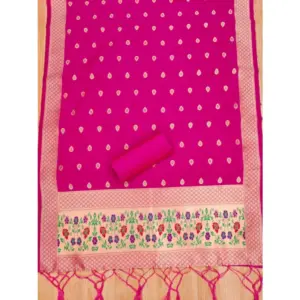 Generic Women's Banarasi Silk Printed Unstitched Salwar Suit Material With Dupatta (Pink, 3Mtrs)