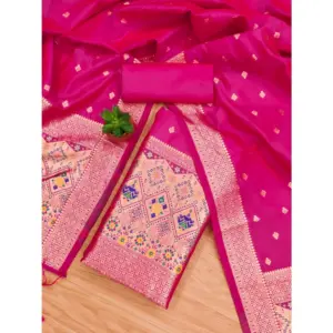 Generic Women's Banarasi Silk Printed Unstitched Salwar Suit Material With Dupatta (Pink, 3Mtrs)