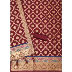 Generic Women's Banarasi Silk Printed Unstitched Salwar Suit Material With Dupatta (Maroon, 3Mtrs)