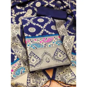 Generic Women's Banarasi Silk Printed Unstitched Salwar Suit Material With Dupatta (Navy Blue, 3Mtrs)