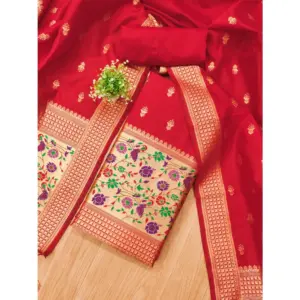 Generic Women's Banarasi Silk Printed Unstitched Salwar Suit Material With Dupatta (Red, 3Mtrs)
