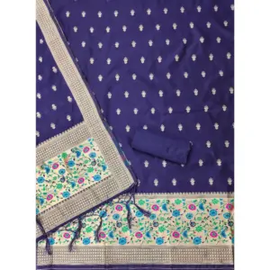 Generic Women's Banarasi Silk Printed Unstitched Salwar Suit Material With Dupatta (Navy Blue, 3Mtrs)