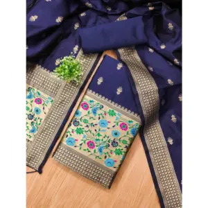 Generic Women's Banarasi Silk Printed Unstitched Salwar Suit Material With Dupatta (Navy Blue, 3Mtrs)