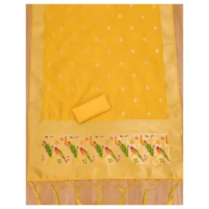 Generic Women's Banarasi Silk Printed Unstitched Salwar Suit Material With Dupatta (Yellow, 3Mtrs)