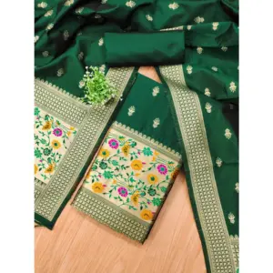 Generic Women's Banarasi Silk Printed Unstitched Salwar Suit Material With Dupatta (Bottle Green, 3Mtrs)