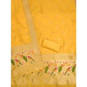 Generic Women's Banarasi Silk Printed Unstitched Salwar Suit Material With Dupatta (Yellow, 3Mtrs)