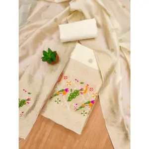 Generic Women's Banarasi Silk Printed Unstitched Salwar Suit Material With Dupatta (White, 3Mtrs)