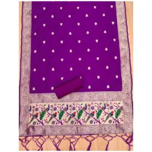 Generic Women's Banarasi Silk Printed Unstitched Salwar Suit Material With Dupatta (Purple, 3Mtrs)