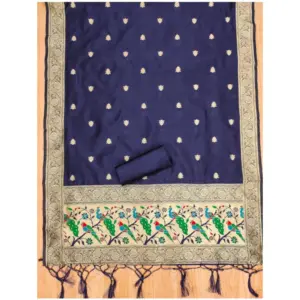 Generic Women's Banarasi Silk Printed Unstitched Salwar Suit Material With Dupatta (Navy Blue, 3Mtrs)