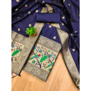 Generic Women's Banarasi Silk Printed Unstitched Salwar Suit Material With Dupatta (Navy Blue, 3Mtrs)