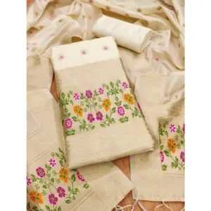 Generic Women's Banarasi Silk Printed Unstitched Salwar Suit Material With Dupatta (White, 3Mtrs)