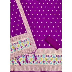 Generic Women's Banarasi Silk Printed Unstitched Salwar Suit Material With Dupatta (Purple, 3Mtrs)
