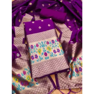 Generic Women's Banarasi Silk Printed Unstitched Salwar Suit Material With Dupatta (Purple, 3Mtrs)