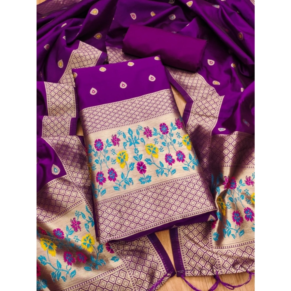 Generic Women's Banarasi Silk Printed Unstitched Salwar Suit Material With Dupatta (Purple, 3Mtrs)