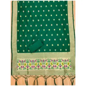 Generic Women's Banarasi Silk Printed Unstitched Salwar Suit Material With Dupatta (Bottle Green, 3Mtrs)