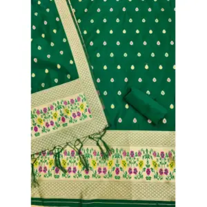 Generic Women's Banarasi Silk Printed Unstitched Salwar Suit Material With Dupatta (Bottle Green, 3Mtrs)