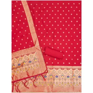 Generic Women's Banarasi Silk Printed Unstitched Salwar Suit Material With Dupatta (Red, 3Mtrs)