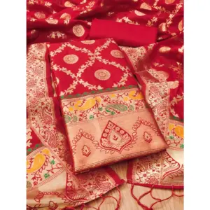 Generic Women's Banarasi Silk Printed Unstitched Salwar Suit Material With Dupatta (Red, 3Mtrs)