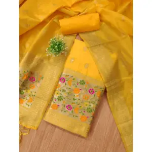 Generic Women's Banarasi Silk Printed Unstitched Salwar Suit Material With Dupatta (Yellow, 3Mtrs)