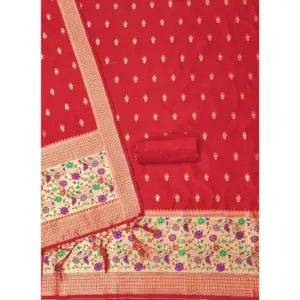 Generic Women's Banarasi Silk Printed Unstitched Salwar Suit Material With Dupatta (Red, 3Mtrs)