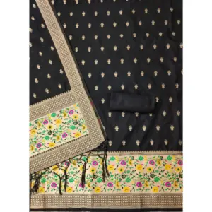 Generic Women's Banarasi Silk Printed Unstitched Salwar Suit Material With Dupatta (Black, 3Mtrs)