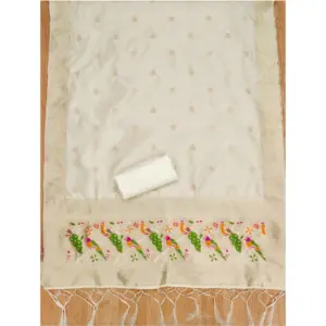 Generic Women's Banarasi Silk Printed Unstitched Salwar Suit Material With Dupatta (White, 3Mtrs)