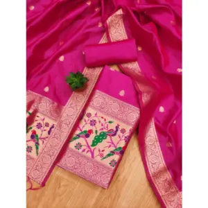 Generic Women's Banarasi Silk Printed Unstitched Salwar Suit Material With Dupatta (Pink, 3Mtrs)