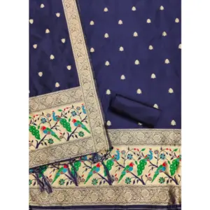 Generic Women's Banarasi Silk Printed Unstitched Salwar Suit Material With Dupatta (Navy Blue, 3Mtrs)