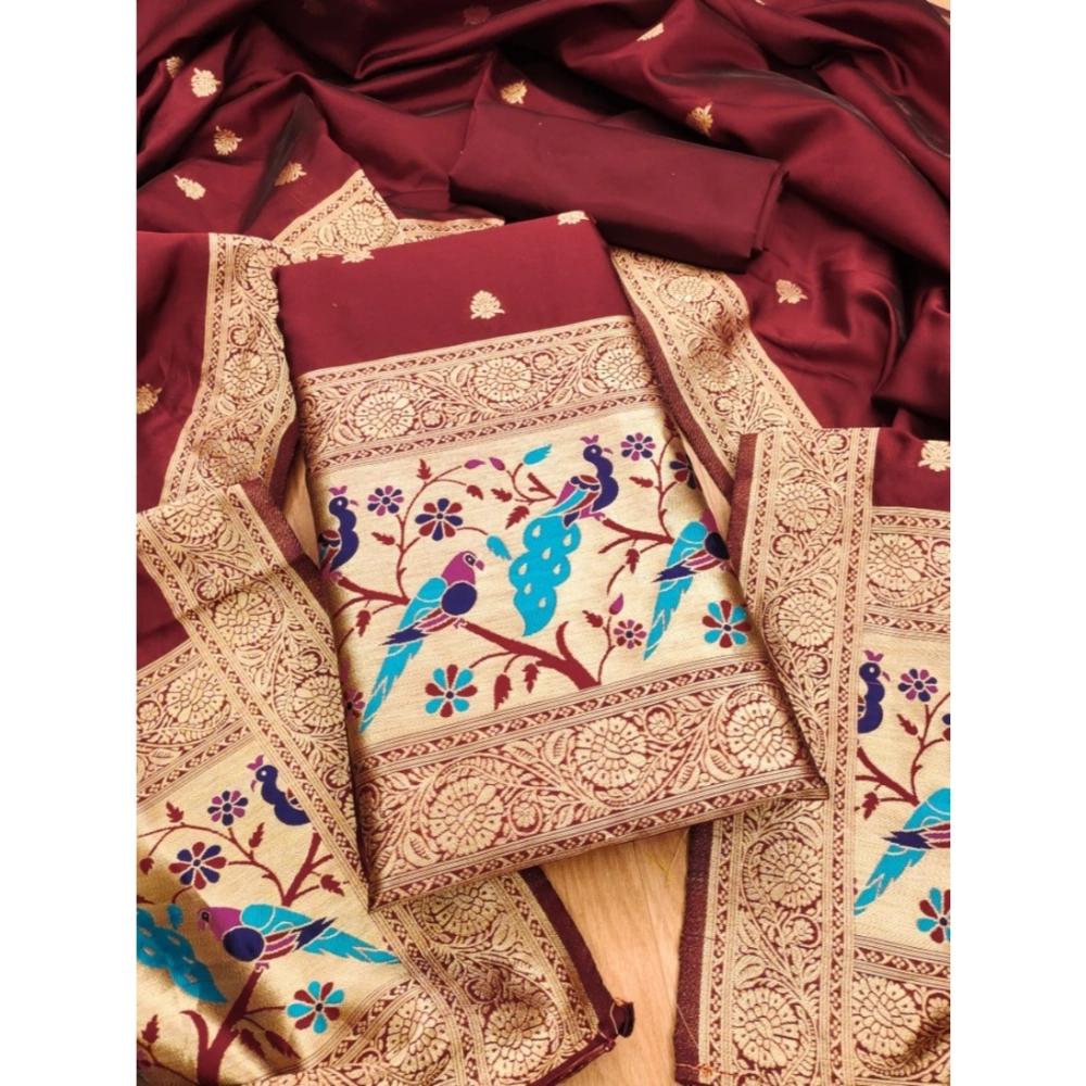 Generic Women's Banarasi Silk Printed Unstitched Salwar Suit Material With Dupatta (Maroon, 3Mtrs)