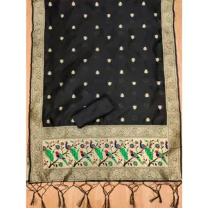Generic Women's Banarasi Silk Printed Unstitched Salwar Suit Material With Dupatta (Black, 3Mtrs)