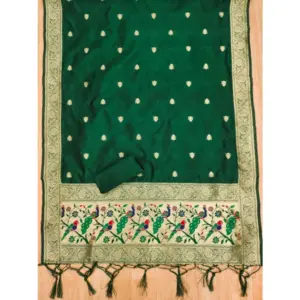 Generic Women's Banarasi Silk Printed Unstitched Salwar Suit Material With Dupatta (Bottle Green, 3Mtrs)