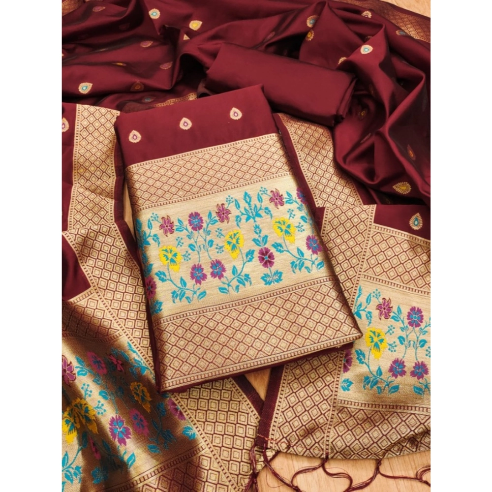 Generic Women's Banarasi Silk Printed Unstitched Salwar Suit Material With Dupatta (Maroon, 3Mtrs)
