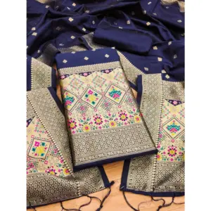 Generic Women's Banarasi Silk Printed Unstitched Salwar Suit Material With Dupatta (Navy Blue, 3Mtrs)