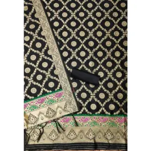 Generic Women's Banarasi Silk Printed Unstitched Salwar Suit Material With Dupatta (Black, 3Mtrs)