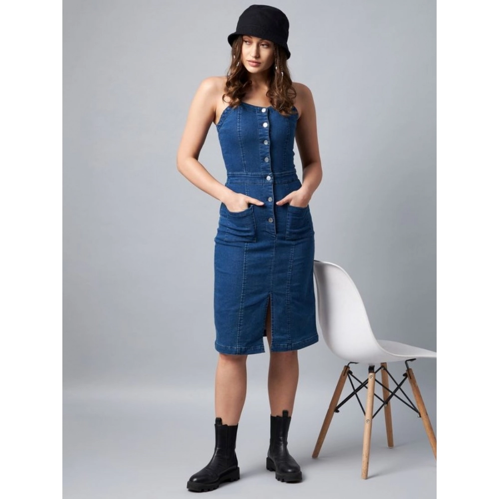 Generic Women's Denim Lycra Solid Square Neck Shoulder Straps Dress (Blue)