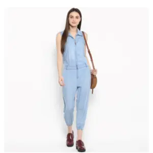 Generic Women's Denim Solid Sleeveless Jumpsuit (Blue)