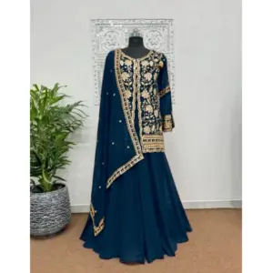 Generic Women's Georgette Embroidery 3-4th Sleeve V-Neck Kurti, Palazzo And Dupatta Set (Morpich)