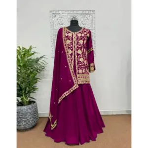 Generic Women's Georgette Embroidery 3-4th Sleeve V-Neck Kurti, Palazzo And Dupatta Set (Wine)
