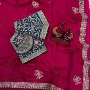 Satin Embroidered Saree with Blouse