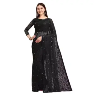 Women's Net Self Design Saree with Blouse – Black