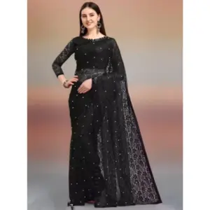 Women's Net Self Design Saree with Blouse – Black