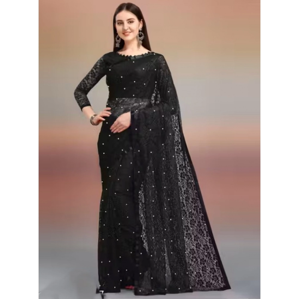 Women's Net Self Design Saree with Blouse – Black