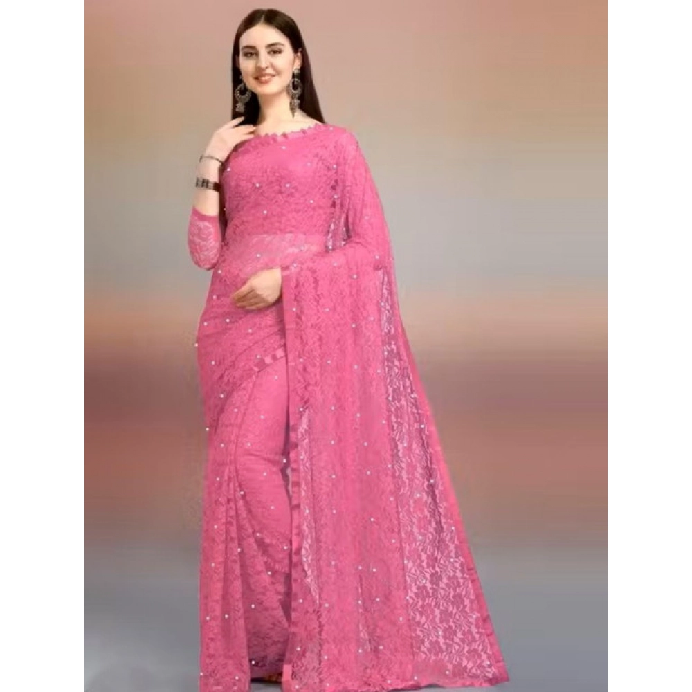 Women's Net Self Design Saree with Blouse – Dark Pink