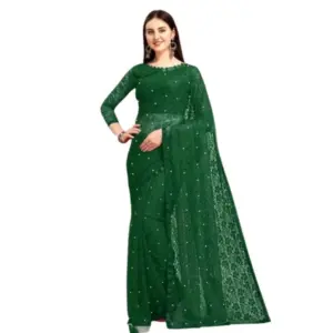 Women's Net Self Design Saree with Blouse – Green