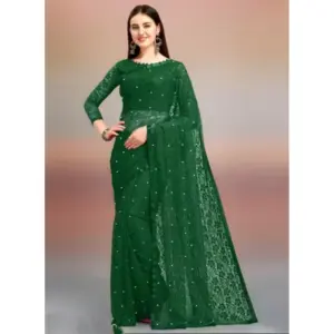 Women's Net Self Design Saree with Blouse – Green