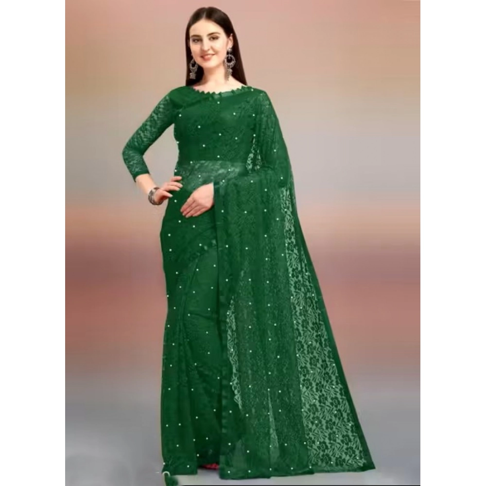Women's Net Self Design Saree with Blouse – Green