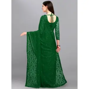 Women's Net Self Design Saree with Blouse – Green